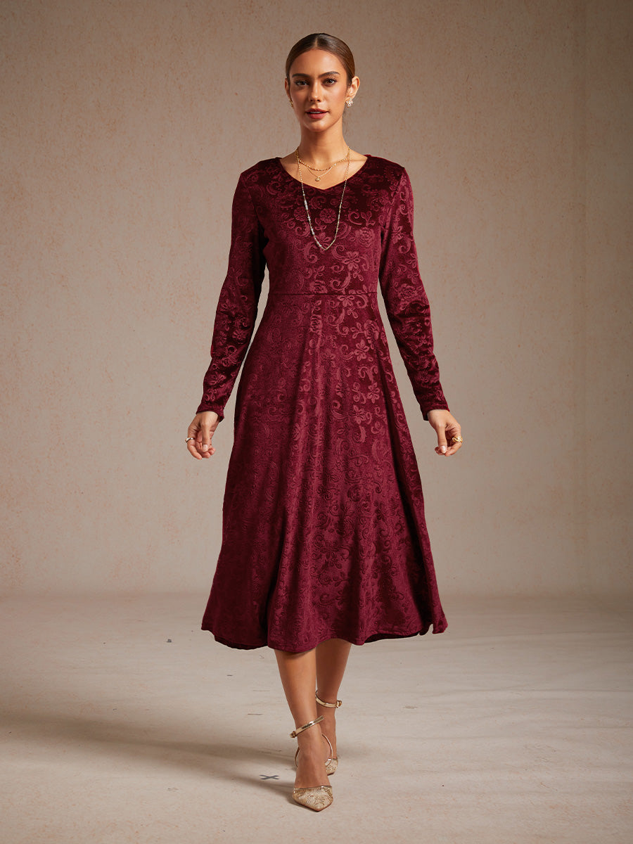 Velvet Midi Dress with Embossed Paisley Pattern