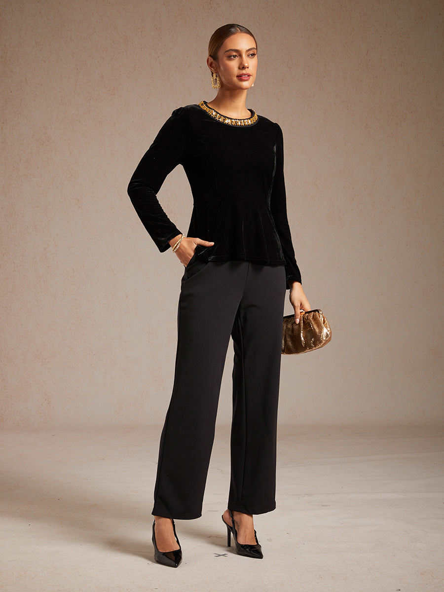 Elegant Stretch Velvet Peplum Blouse with Rhinestone Details