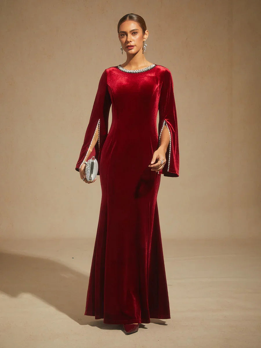 Velvet Evening Gown with Beaded Trim Detail