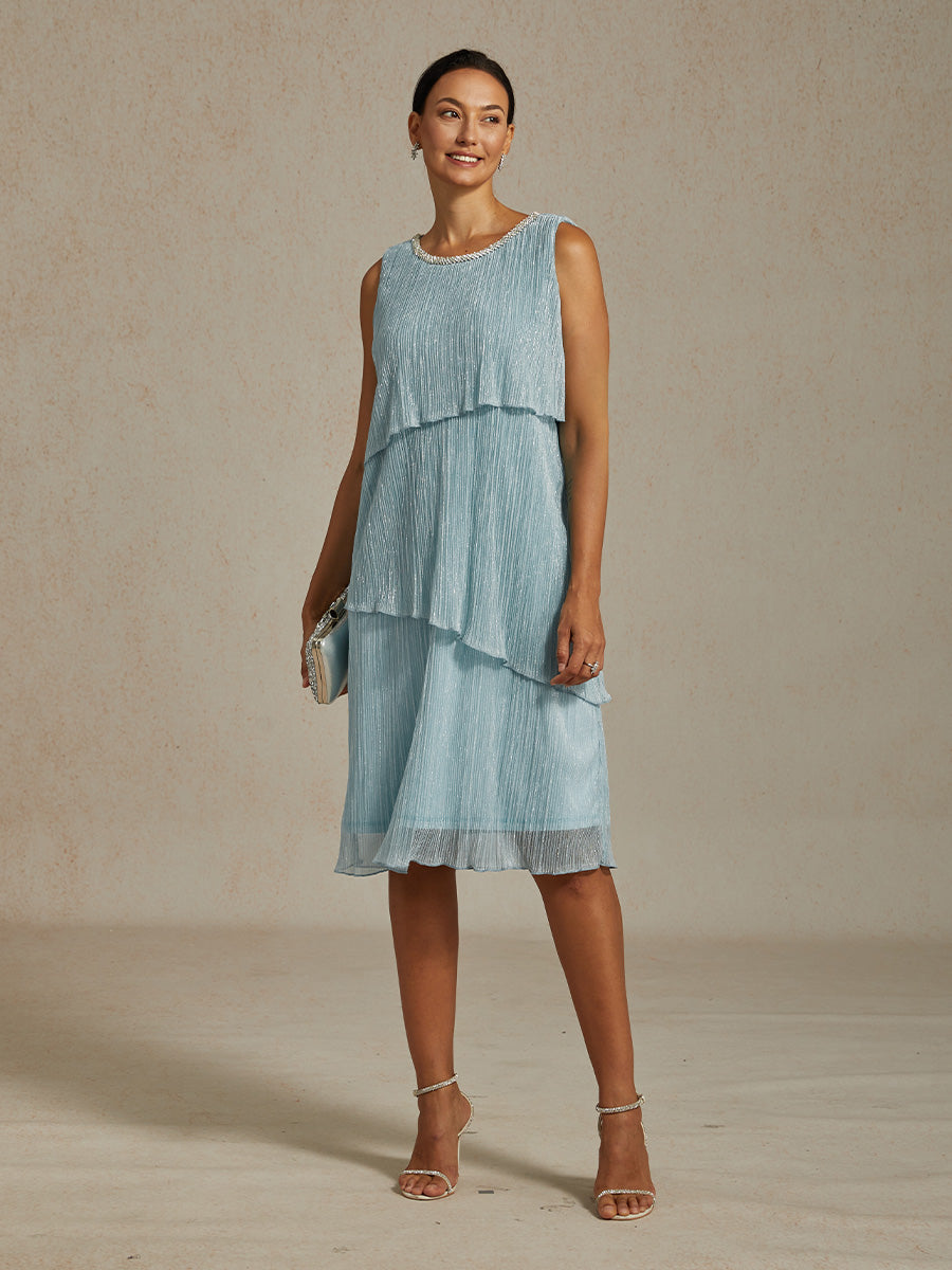 Metallic Pleated Chiffon Midi Dress with Beaded Round Neck