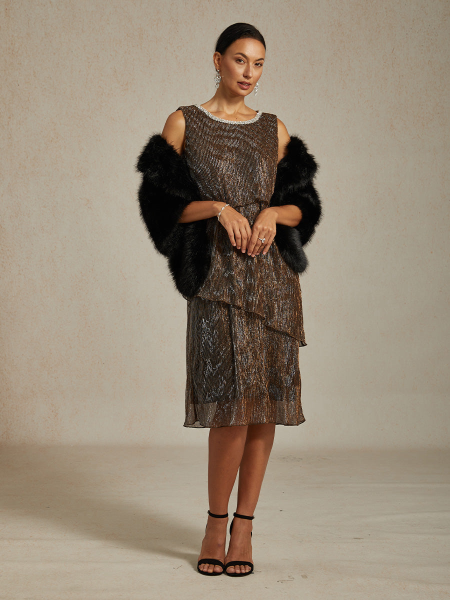 Metallic Pleated Chiffon Midi Dress with Beaded Round Neck