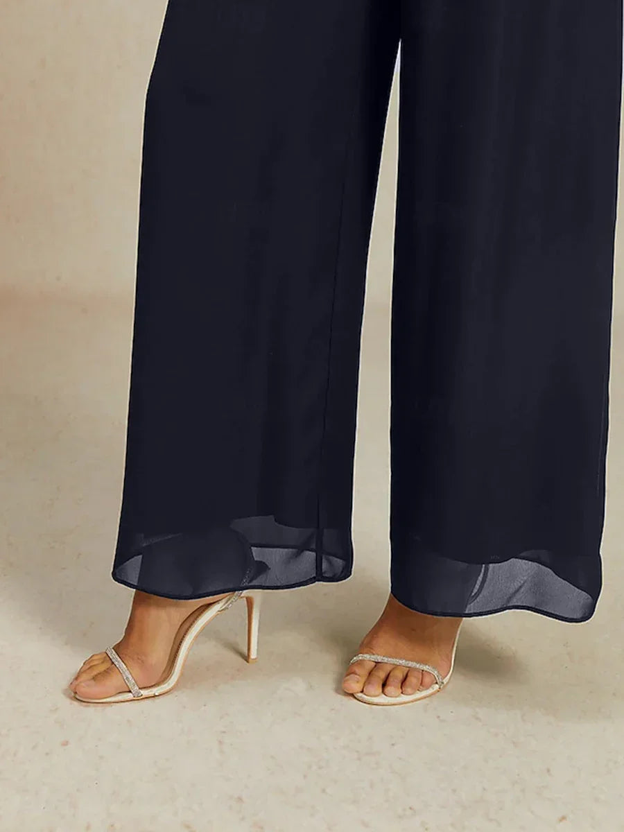 Mid-Rise Elastic Waist Wide-Leg Chiffon Pants
