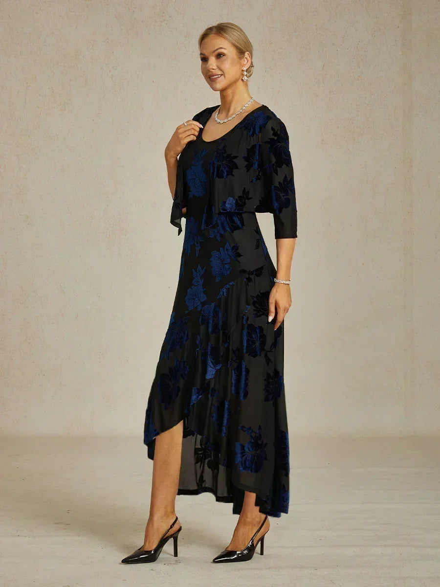 Robe de soirée en chiffon à fleurs marine avec ourlet asymétrique