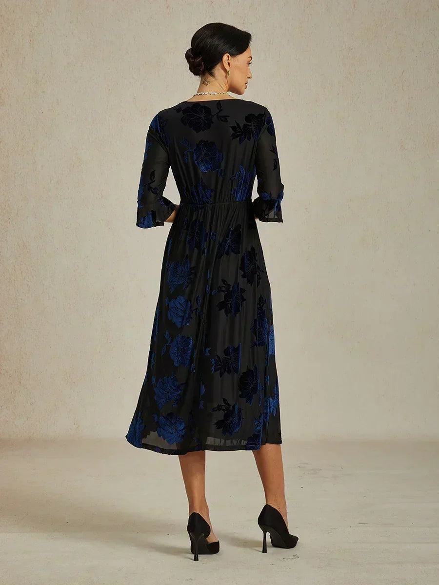 Floral Velvet A-Line Dress with Flutter Sleeves