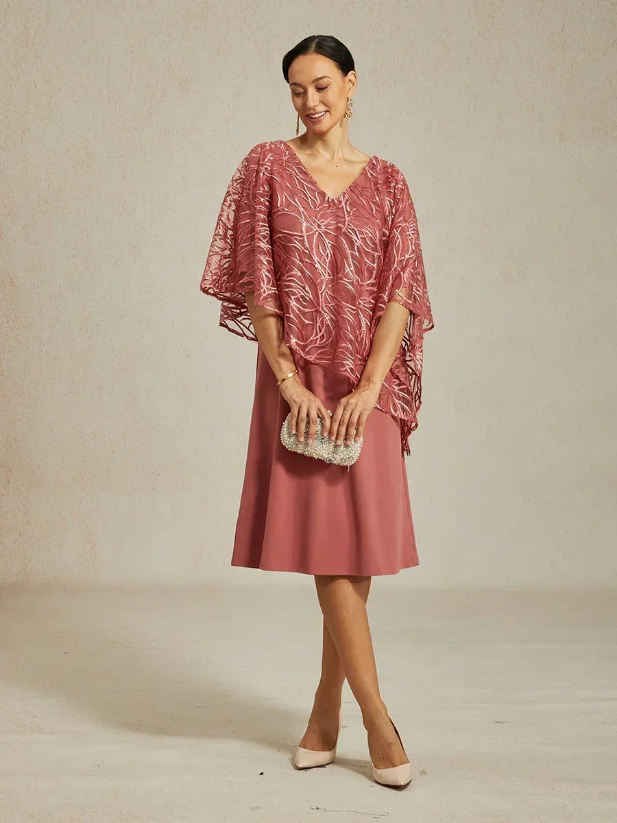 Sequin Knee Length V Neck Overlay Dress