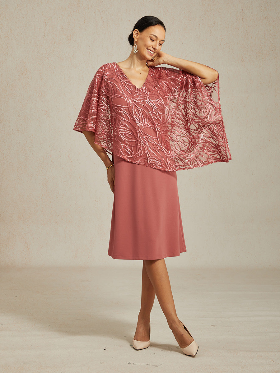 Sequin Knee Length V Neck Overlay Dress