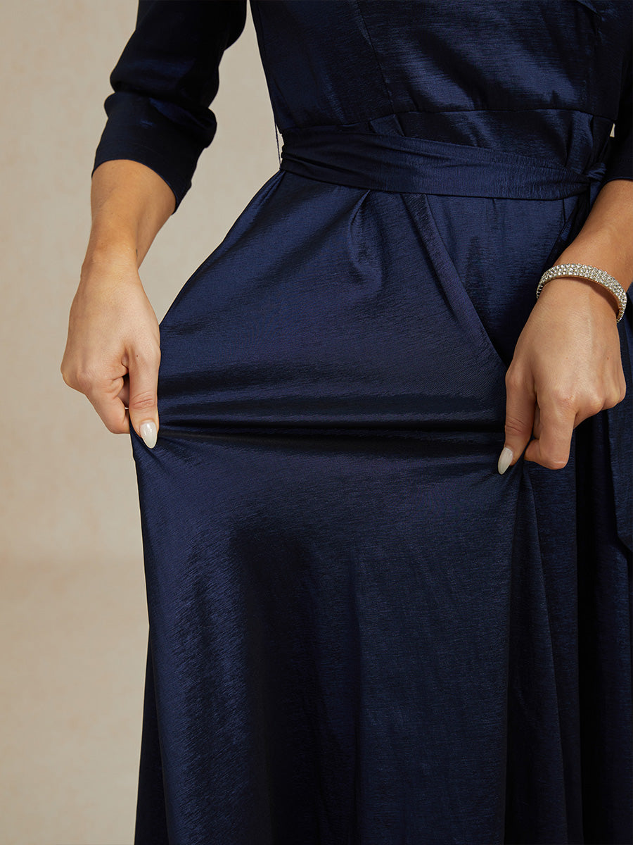 Stretch Taffeta Cocktail Dress with Tie Belt