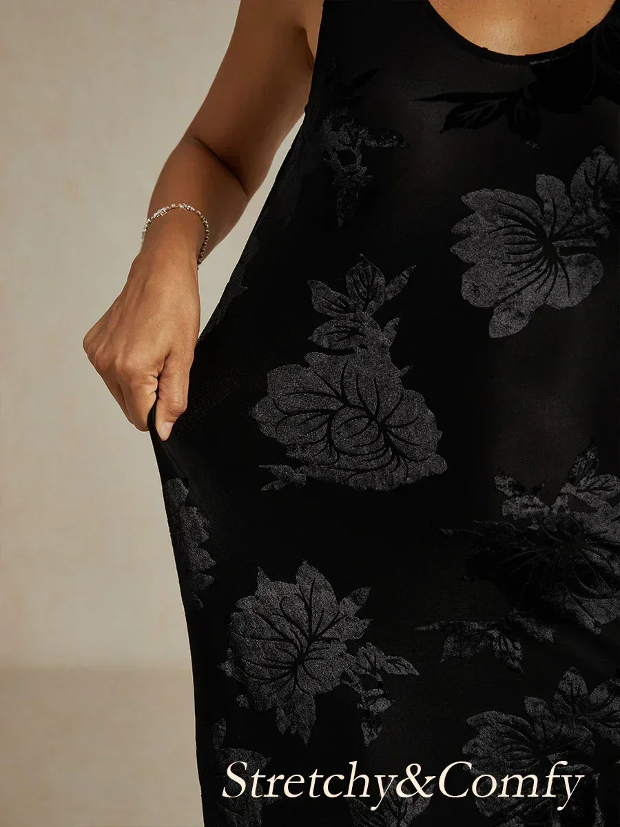Marineblaues Chiffon-Abendkleid mit Blumenmuster und asymmetrischem Saum