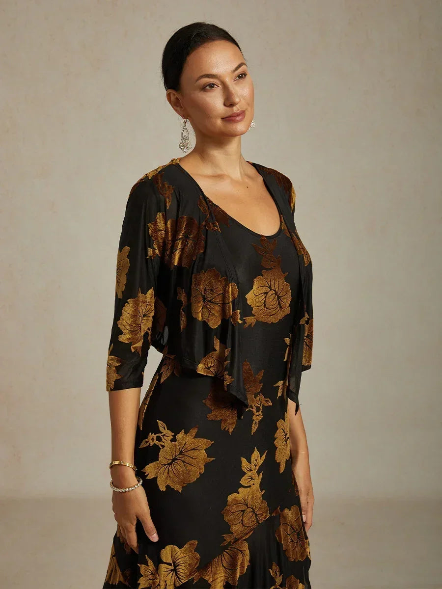 Cardigan aus transparentem Chiffon mit Blumenmuster und 3/4-Ärmeln