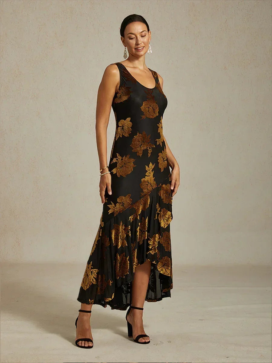 Marineblaues Chiffon-Abendkleid mit Blumenmuster und asymmetrischem Saum