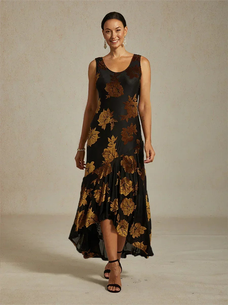 Marineblaues Chiffon-Abendkleid mit Blumenmuster und asymmetrischem Saum