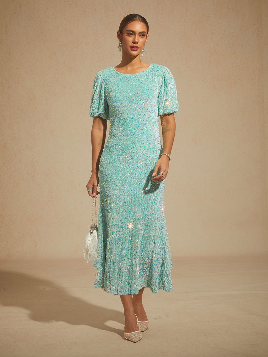 Velvet Sequin Midi Dress with Puff Sleeves