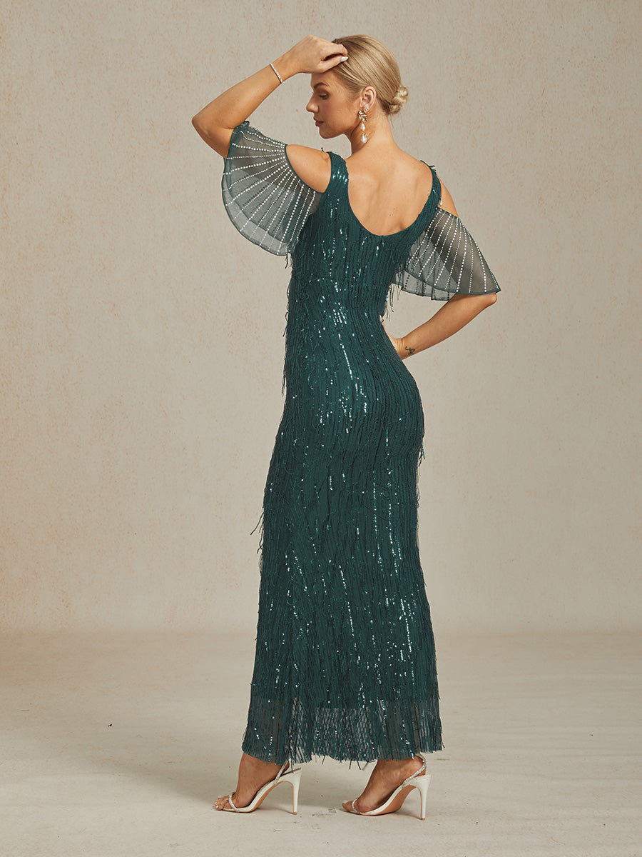 Vintage 1920s Sequin Fringe Off Shoulder Mermaid Maxi Dress