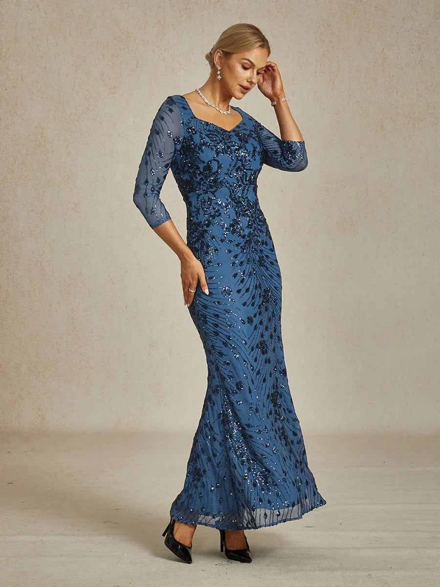 Vestido línea A con encaje roseta y adornos de lentejuelas