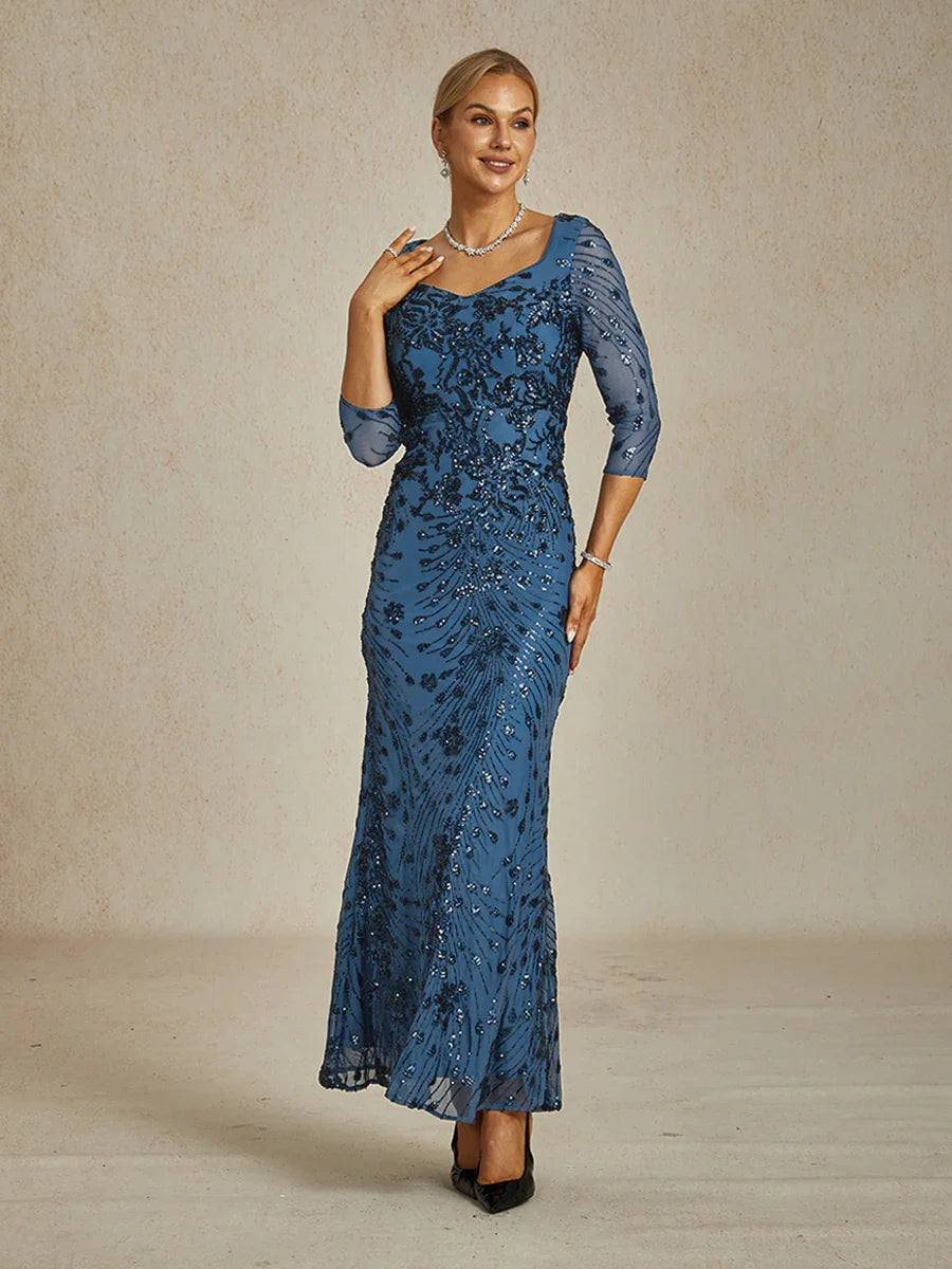 Vestido línea A con encaje roseta y adornos de lentejuelas