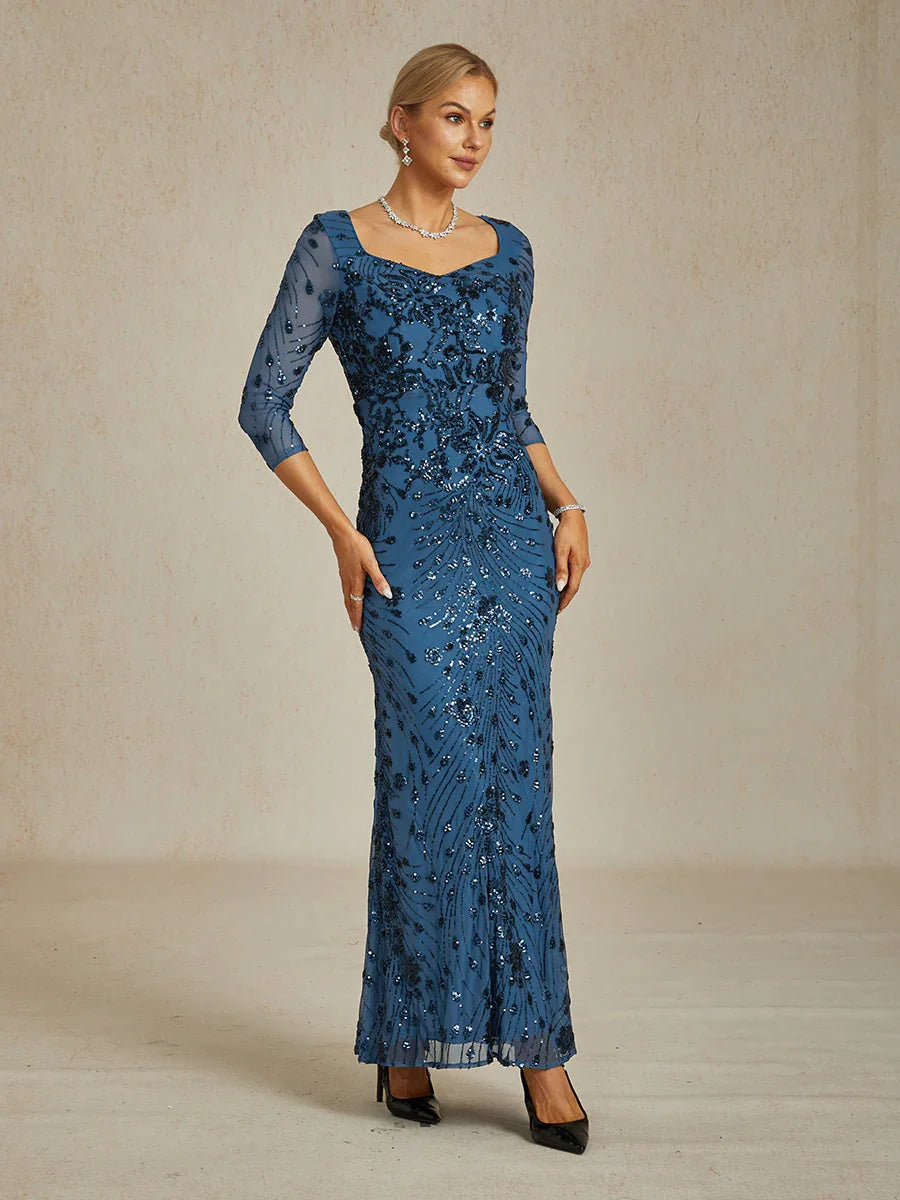 Vestido línea A con encaje roseta y adornos de lentejuelas
