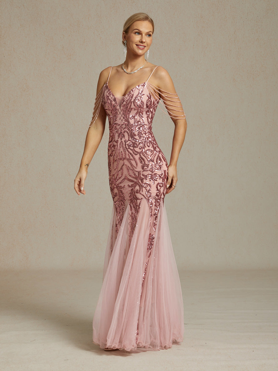 Vintage 1920s Sequin Off Shoulder Mermaid Evening Gown