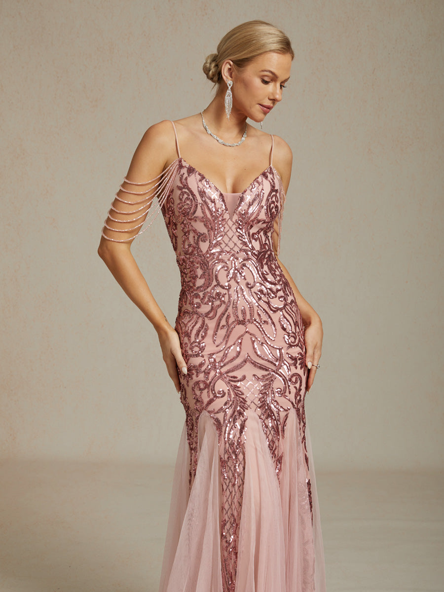 Vintage 1920s Sequin Off Shoulder Mermaid Evening Gown