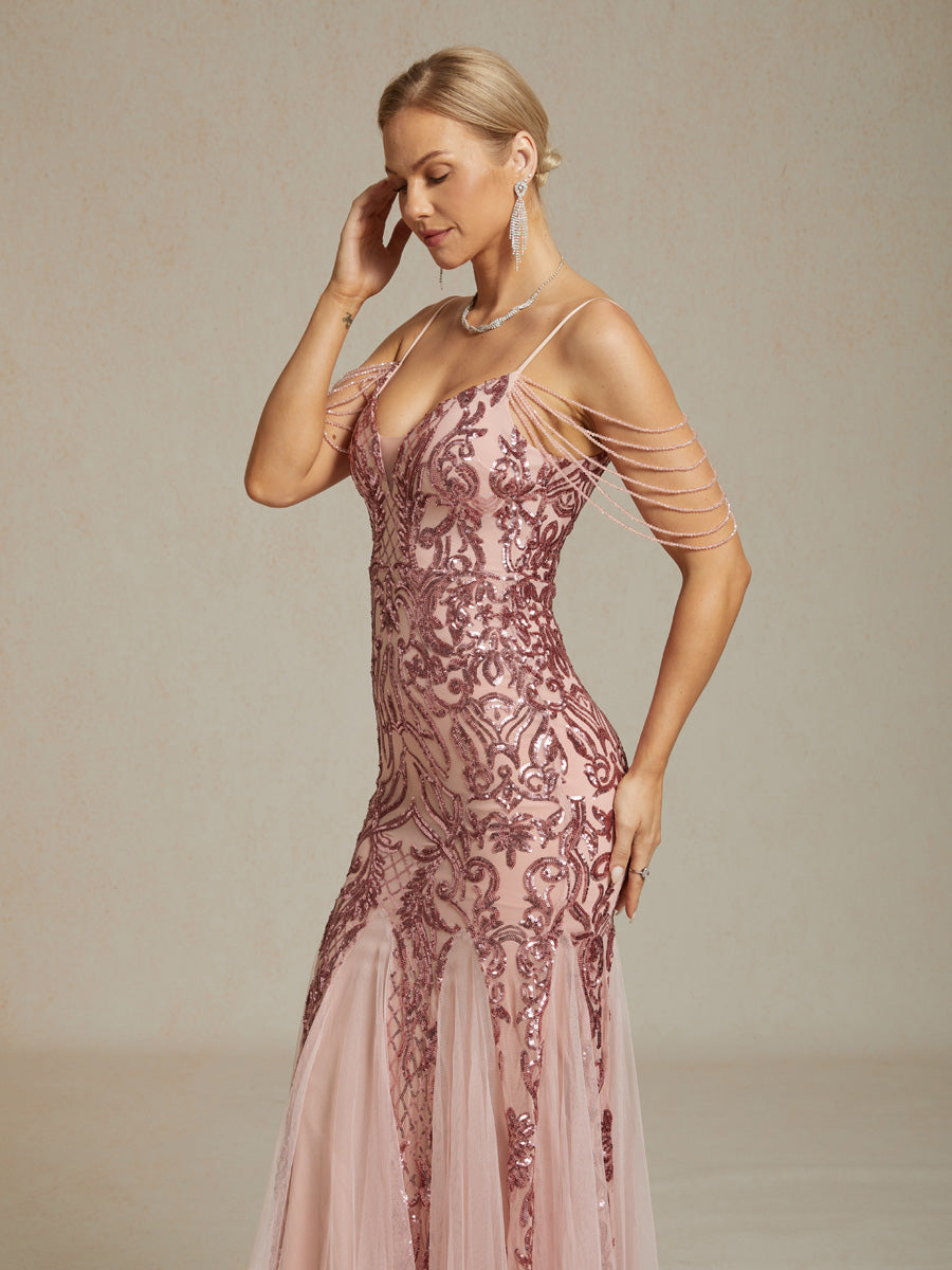 Vintage 1920s Sequin Off Shoulder Mermaid Evening Gown