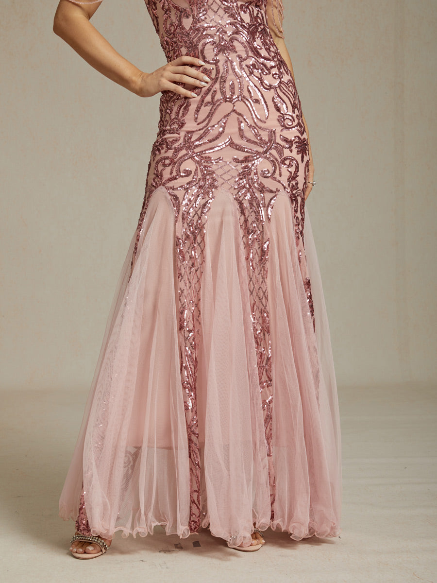 Vintage 1920s Sequin Off Shoulder Mermaid Evening Gown