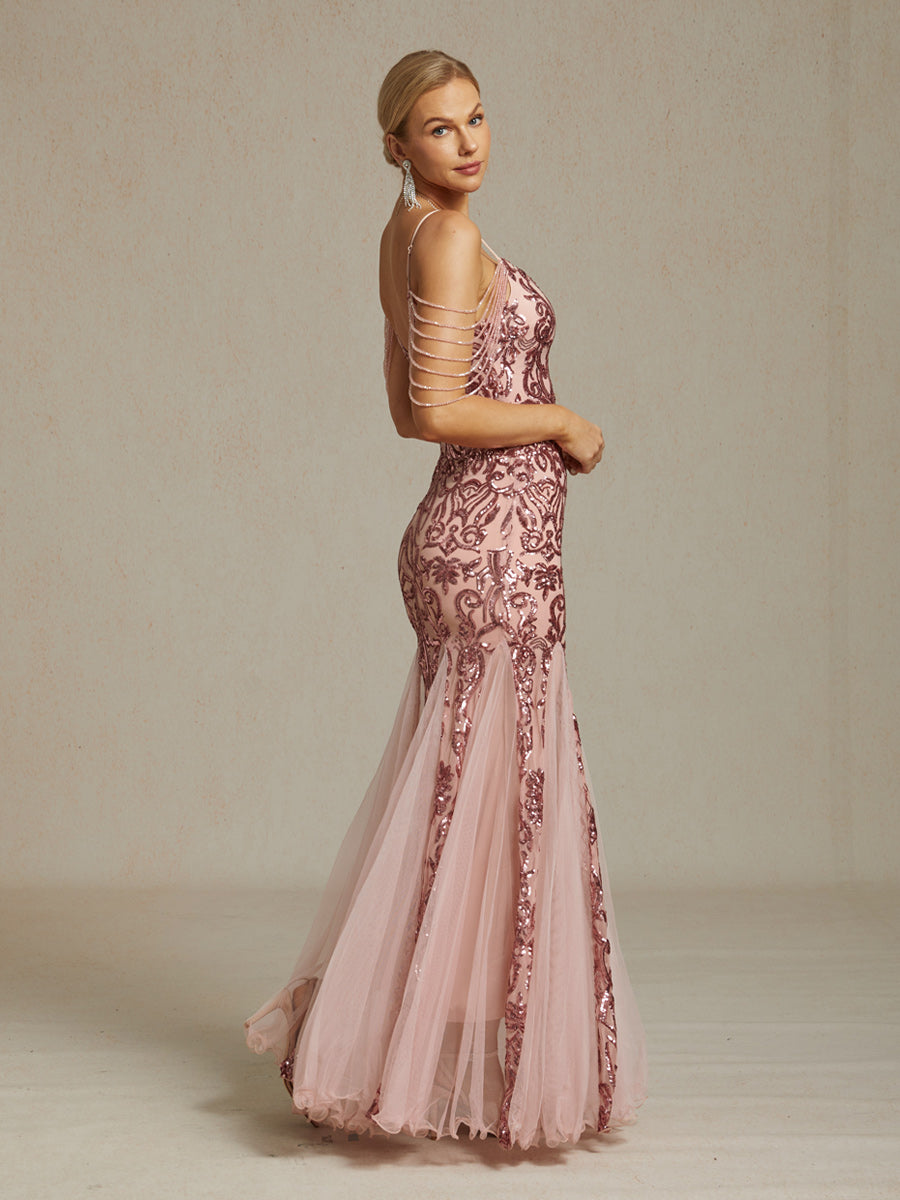 Vintage 1920s Sequin Off Shoulder Mermaid Evening Gown