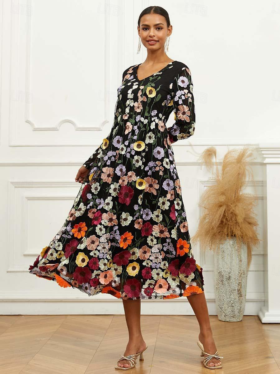 Midikleid mit Blumenstickerei und Bischofsärmeln