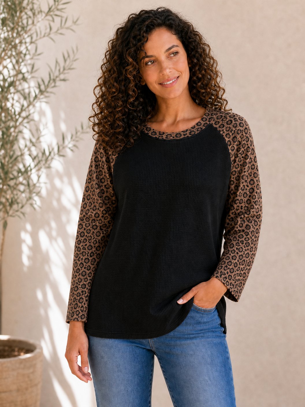 Cotton Waffle Knit Patchwork Blouse