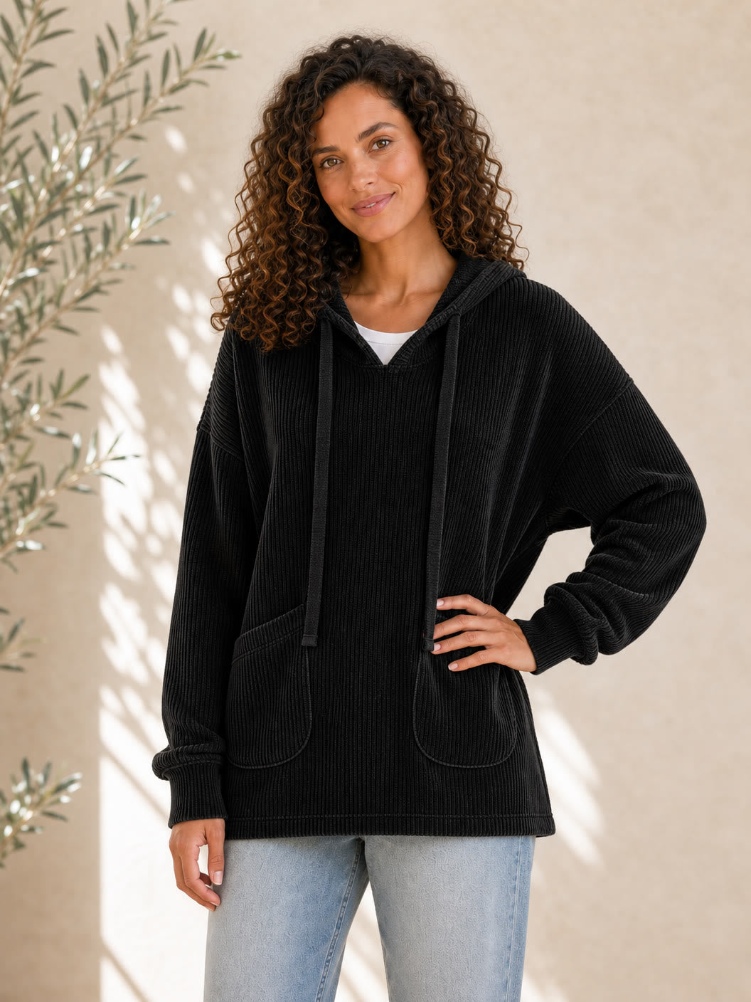 100% Cotton Corduroy Hooded Top
