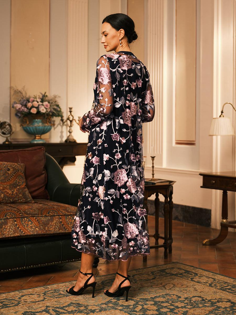 Robe deux pièces en mousseline de soie, maille, dentelle, volants brodés, motif floral