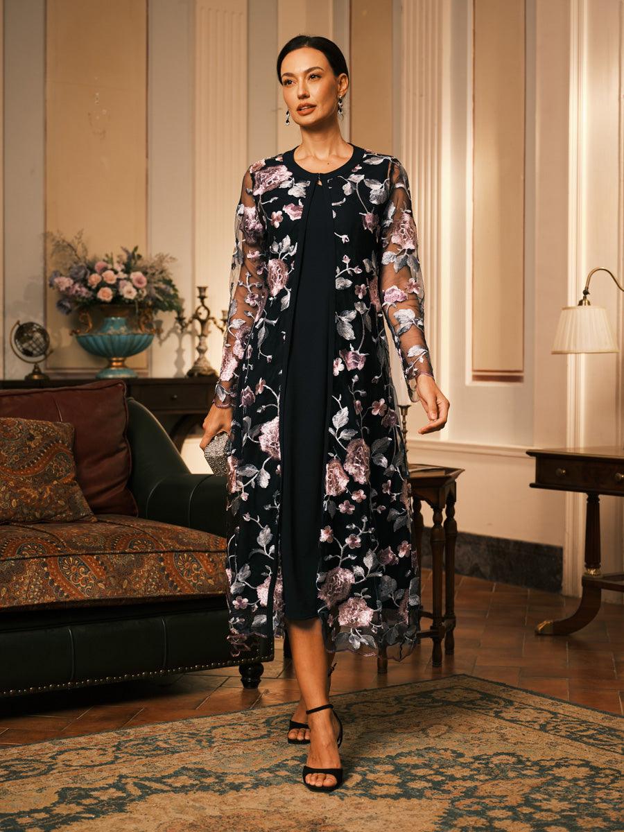 Robe deux pièces en mousseline de soie, maille, dentelle, volants brodés, motif floral