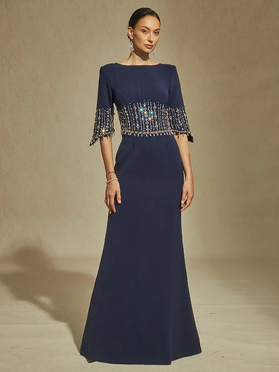 Boat Neck Mermaid Evening Gown with Crystal Details