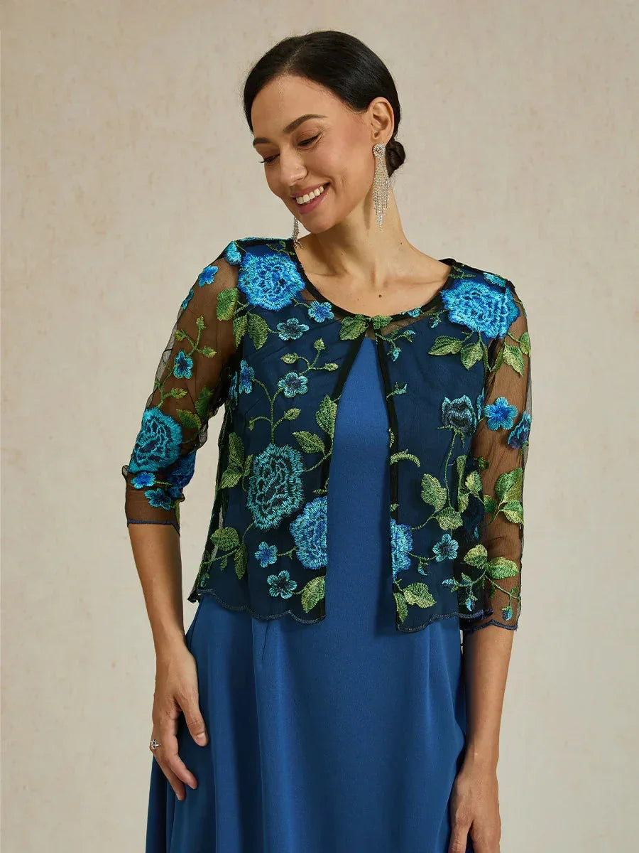 Floral Embroidered Lace Jacket With Scallop Detail