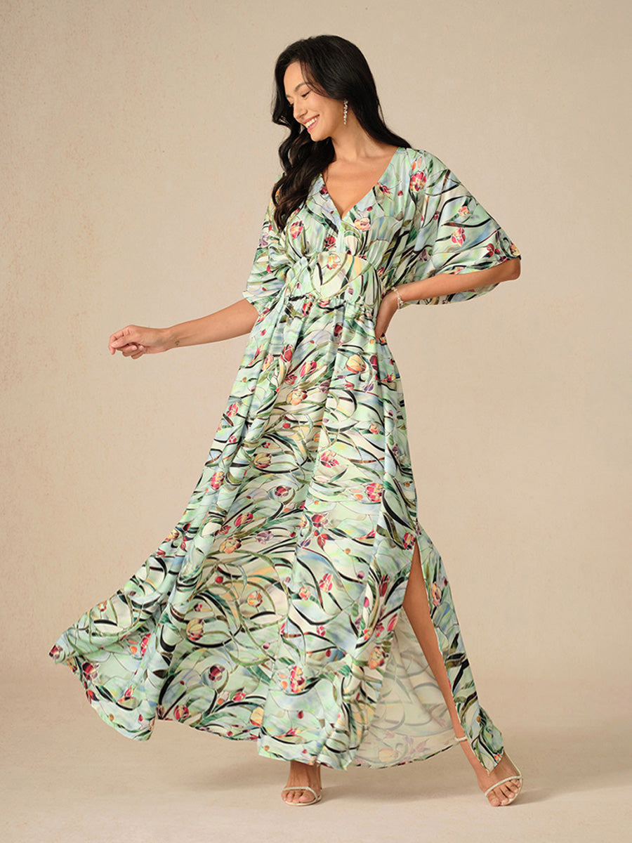 Tropical Floral Satin Maxi Dress