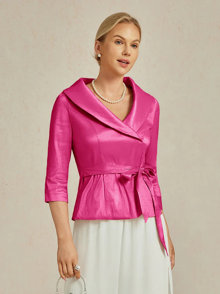 Bluse aus Stretch-Taft mit 3/4-Ärmeln und Bindedetail in der Taille