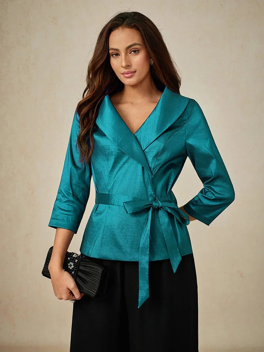 3/4 Sleeve Stretch Taffeta Blouse with Tie Waist Detail