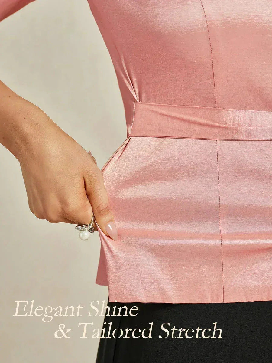3/4 Sleeve Stretch Taffeta Blouse with Tie Waist Detail
