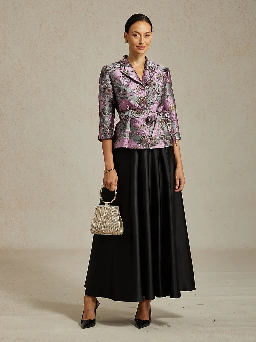 3/4 Sleeve Floral Jacquard Blouse with Tie Waist