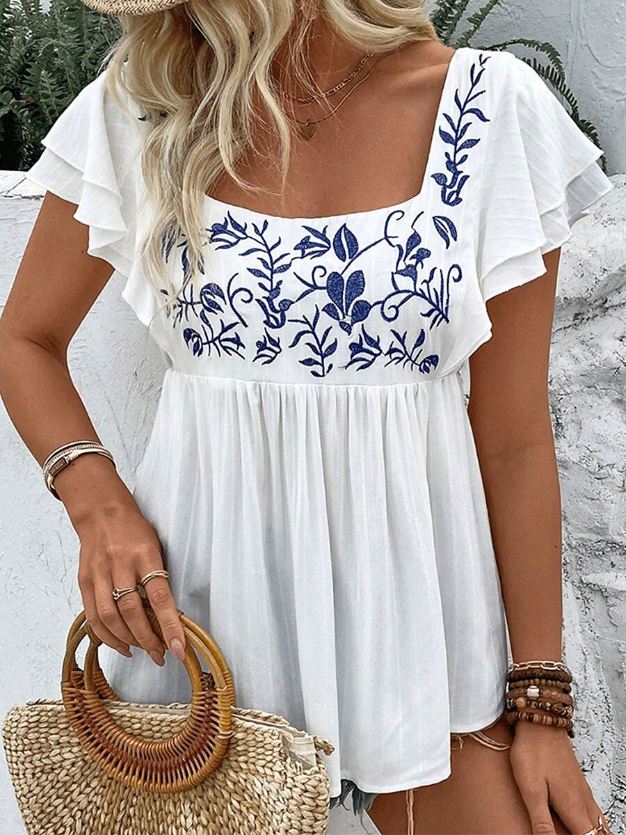 Embroidered Square Cotton Neck Top