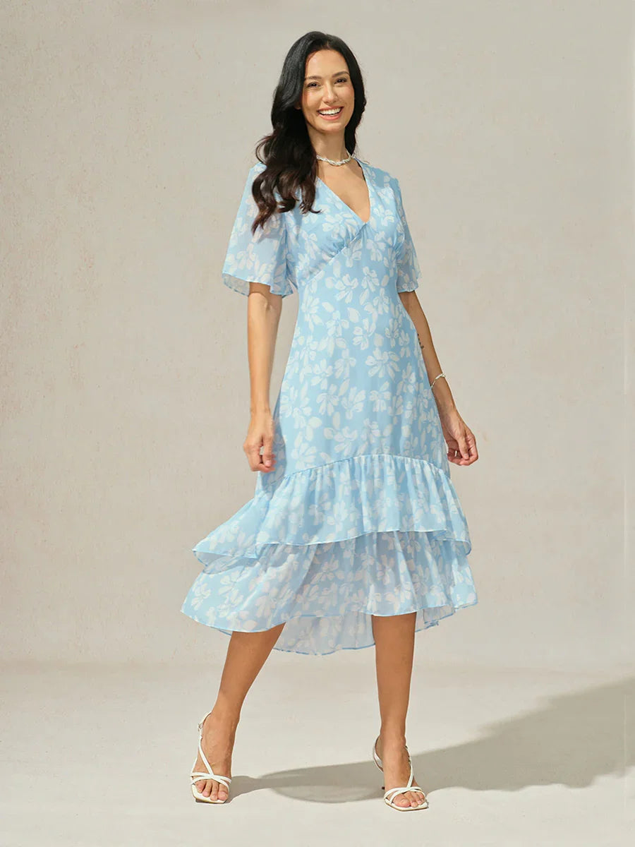 Puff Sleeve Floral Chiffon Dress