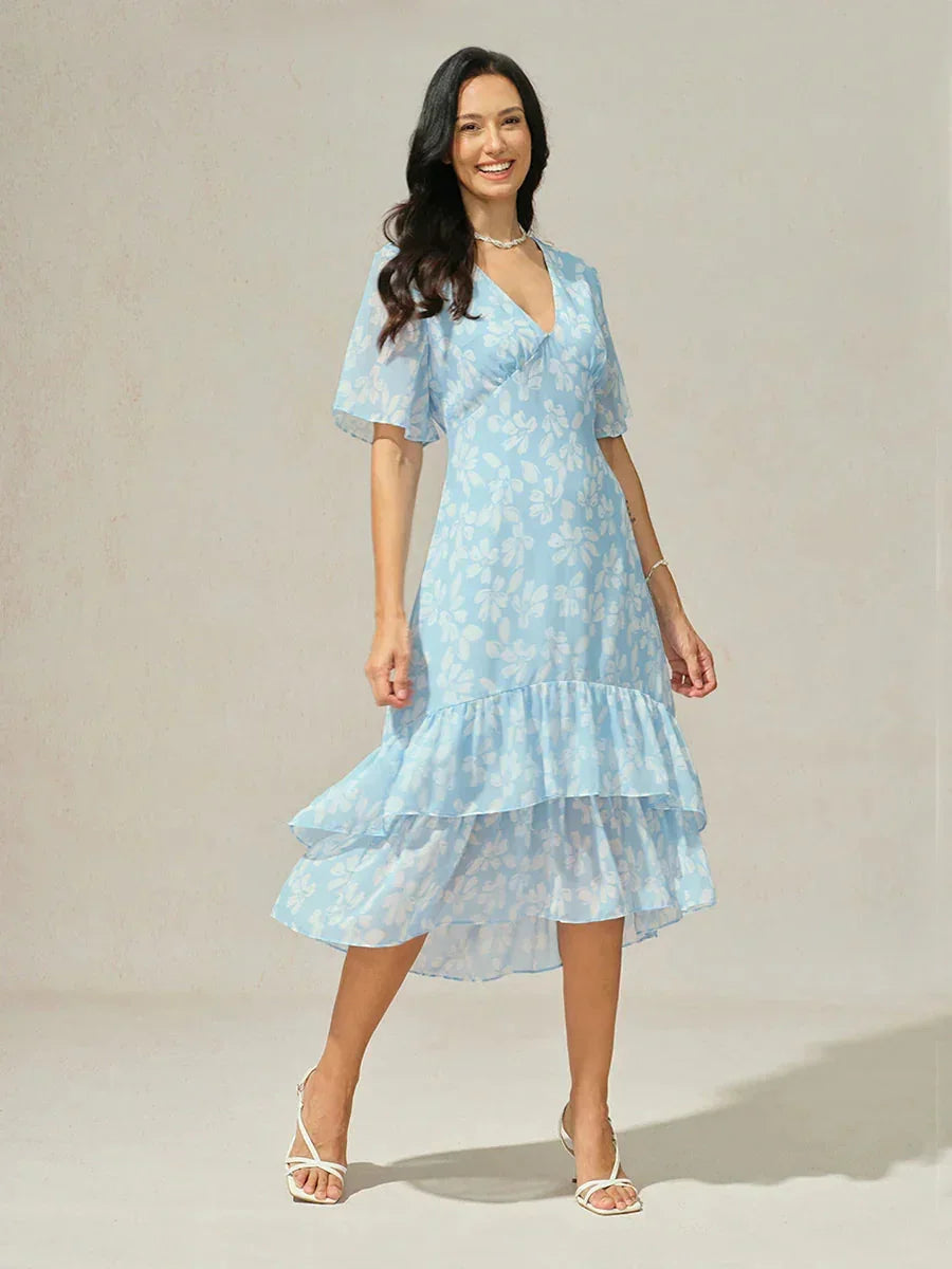 Puff Sleeve Floral Chiffon Dress