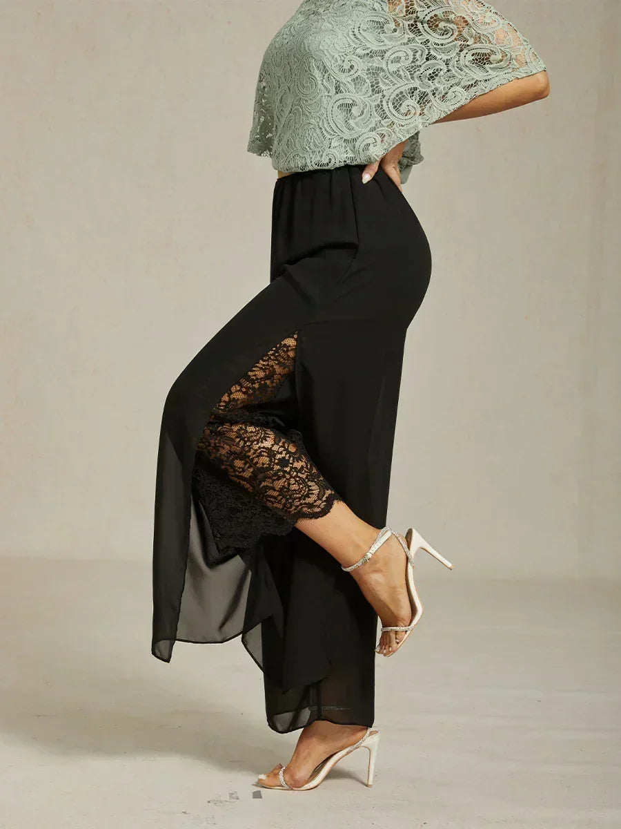 Rechte broek met chiffon split been overlay