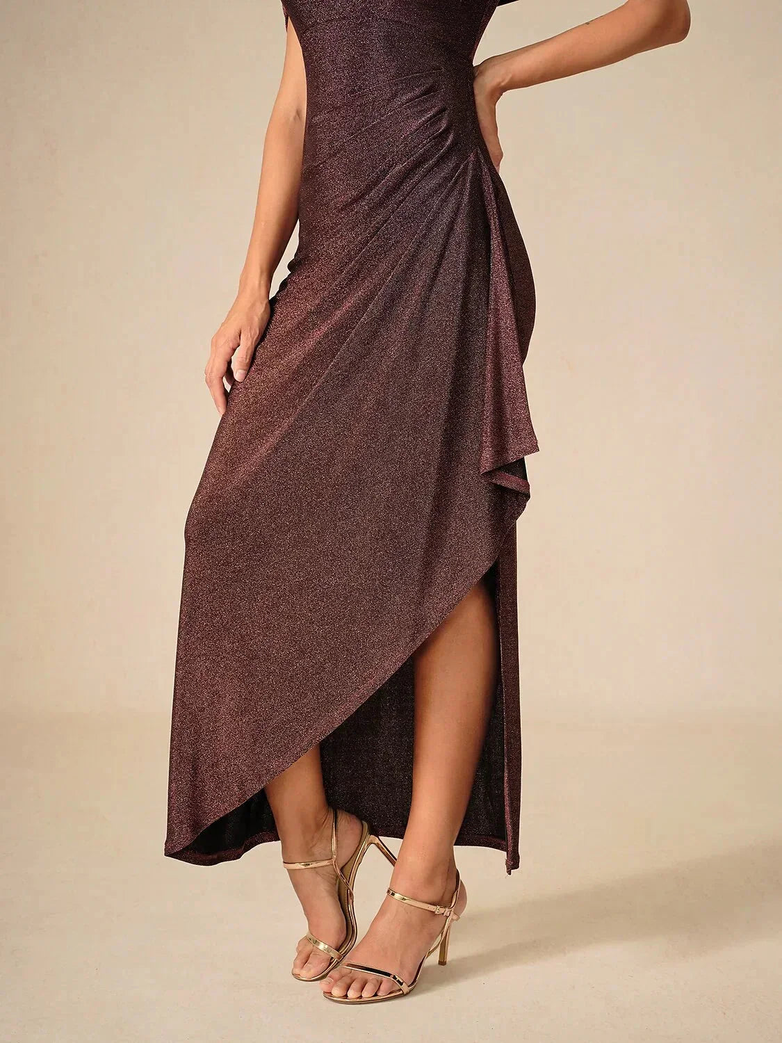 Ankle-Length Cold Shoulder Glitter Mesh Dress