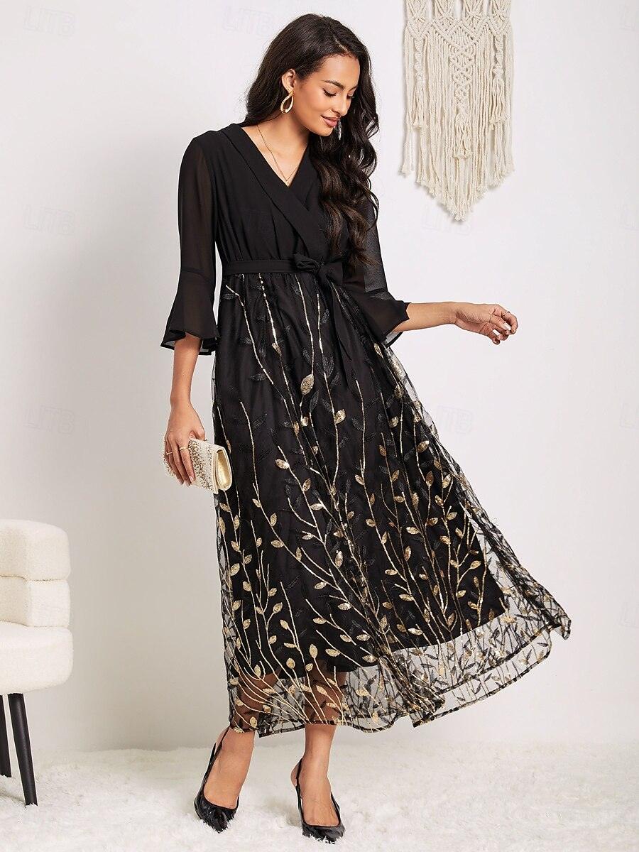 Golden Sequins Mesh Maxi Dress