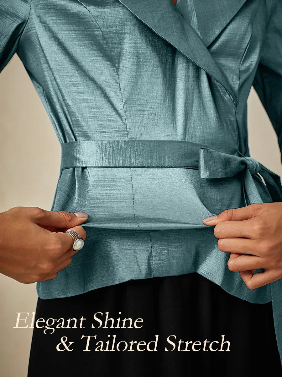 3/4 Sleeve Stretch Taffeta Blouse with Tie Waist Detail