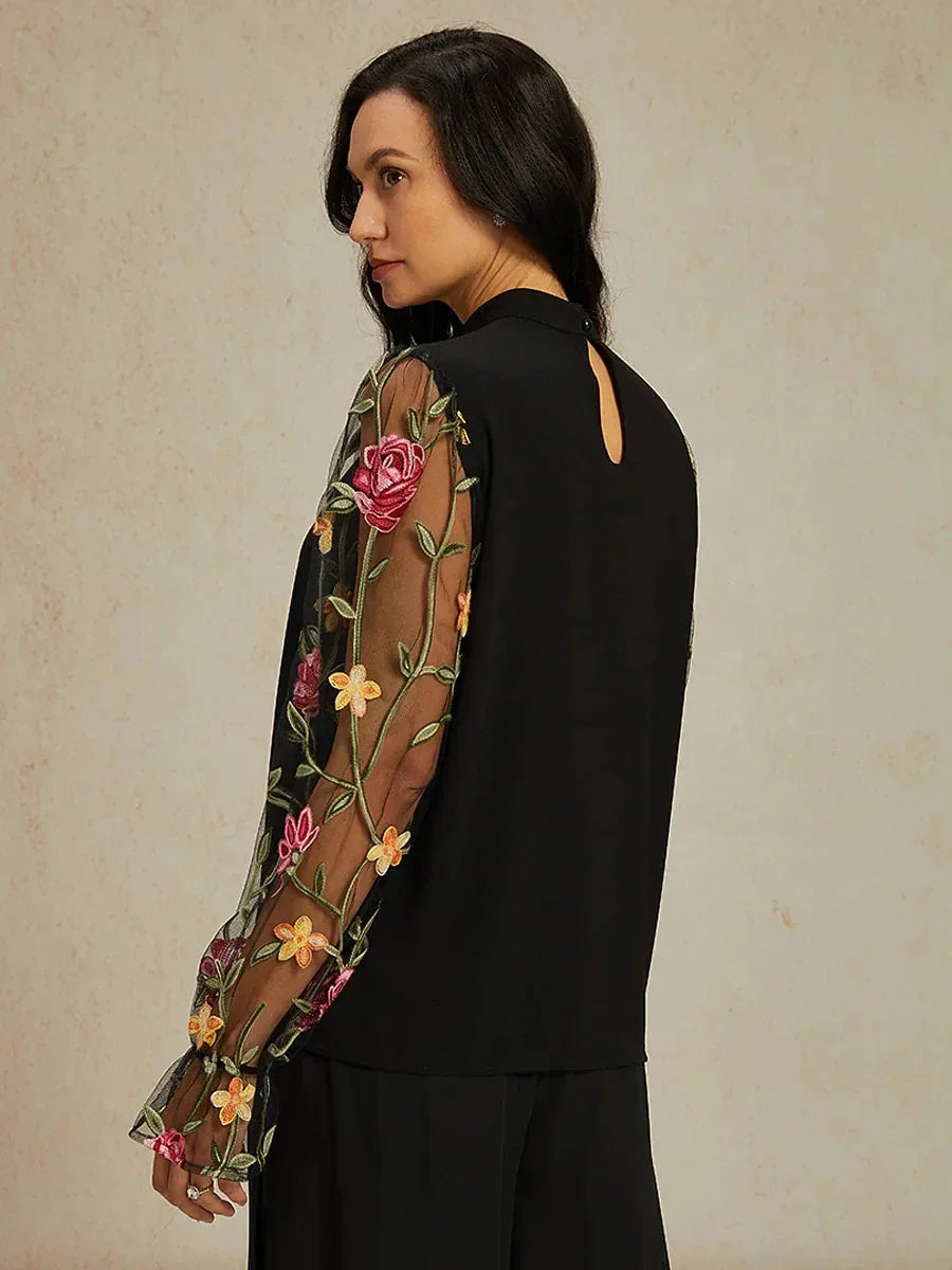 Floral Embroidery Mesh Modest Tops