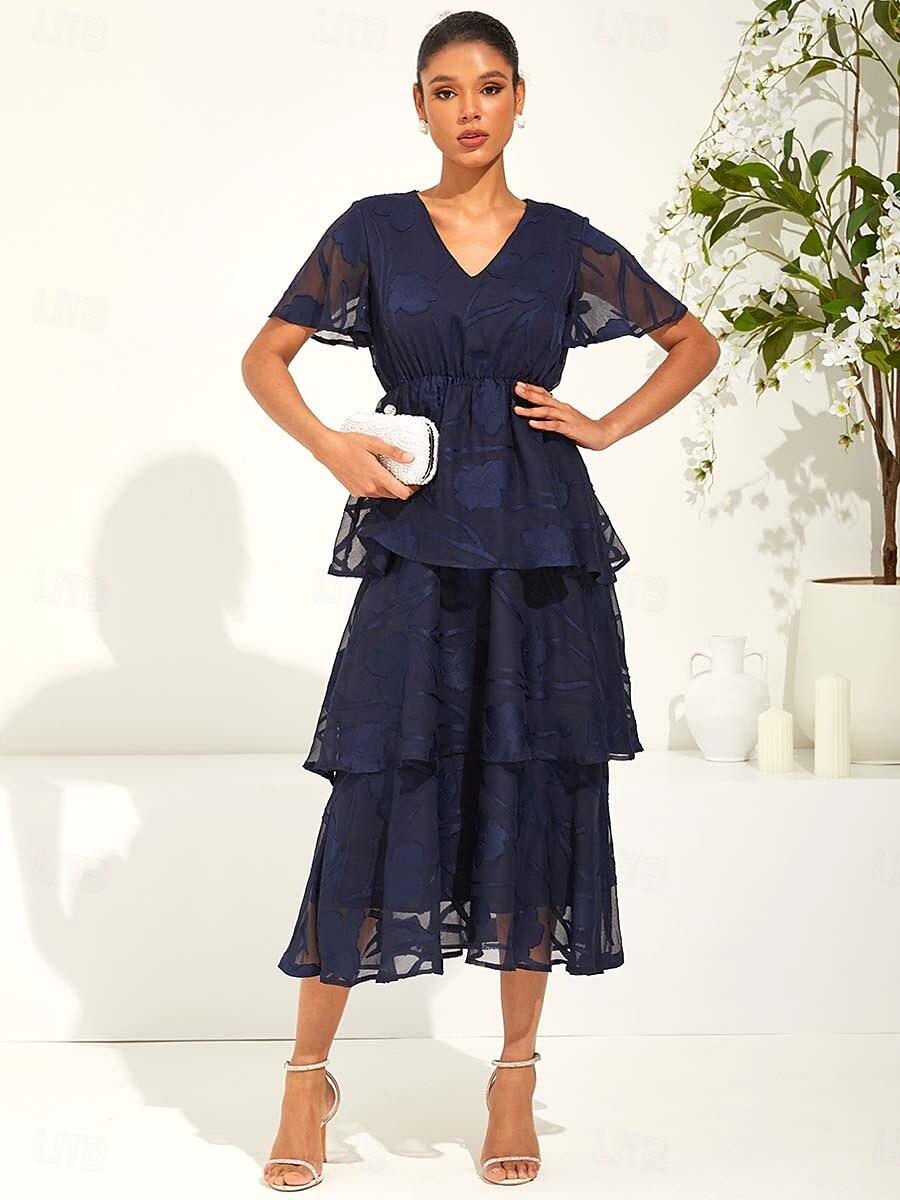 Lace V Neck Ruffle Layered Flutter Dress
