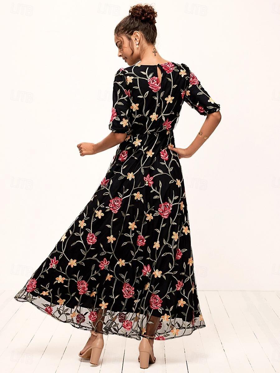 花柄刺繍レースのマキシドレス