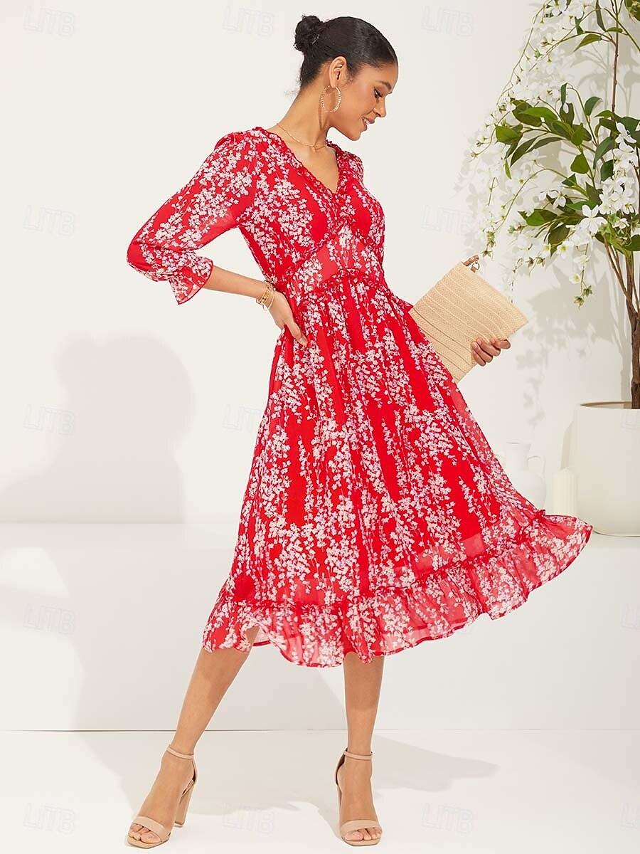Rotes Swing-Maxikleid aus Chiffon mit Blumenmuster