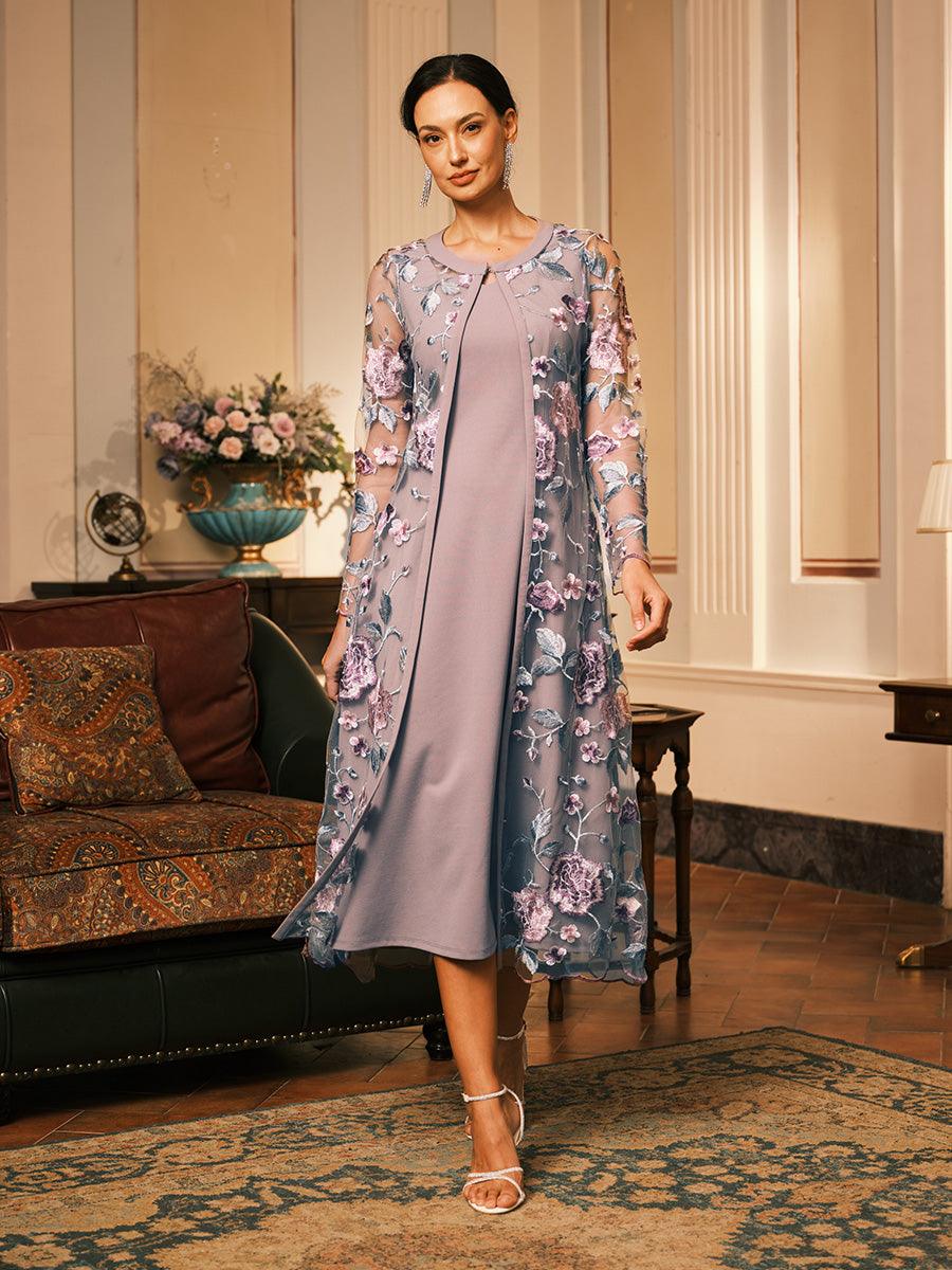 Robe deux pièces en mousseline de soie, maille, dentelle, volants brodés, motif floral