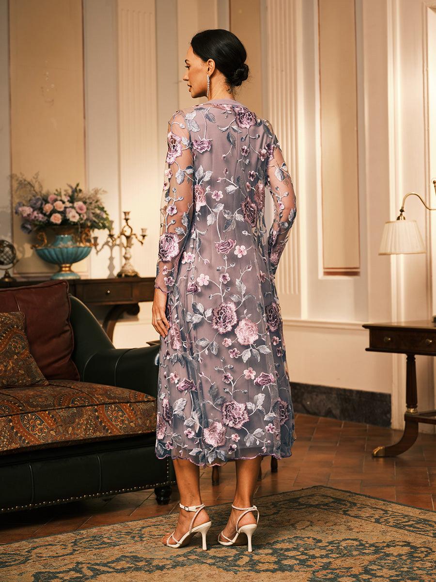 Robe deux pièces en mousseline de soie, maille, dentelle, volants brodés, motif floral